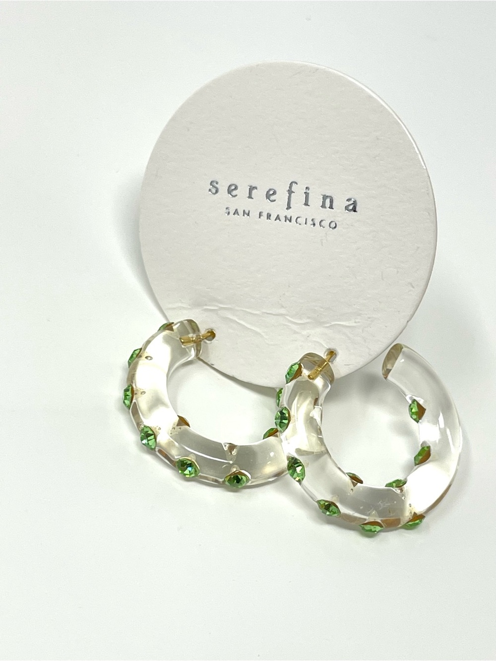 New Anthropologie x Serefina Green Rhinestone Hoop Earrings - Picture 2 of 4